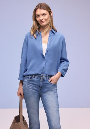 Street One Hemdbluse STREET ONE, Damen, Gr. 38, bonnet blau, Web, Obermaterial: 100% Lyocell, unifarben, l&auml;ssig geschnitten h&uuml;ftbedeckend, Rundhals, 1-Knopf-Mans