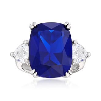 Ross-Simons Cushion-Cut Simulated Sapphire and CZ Ring in Sterling Silver
