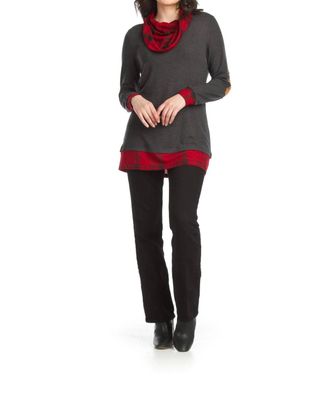 Papillon Plaid Cowl Neck Tunic With Elbow Patches In Grey
