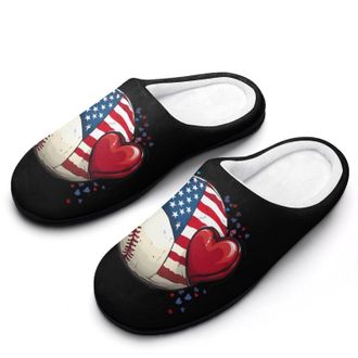 Generic Baseball USA Flag Heart Womens Slippers Warm House Slippers Indoor House Shoes with Anti-Skid Rubber Sole