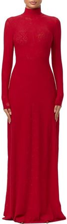 Naked Wardrobe Mock Neck Long Sleeve Lace Maxi Dress in Ruby Red at Nordstrom, Size X-Large