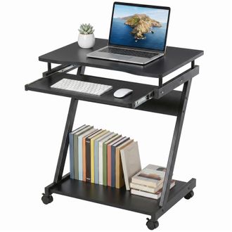 HOMCOM Homcom Mesa De Ordenador Con Ruedas, 60x48 Cm, Con Bandeja Deslizante Para Teclado Y Estante Inferior, Marco Met&aacute;lico En Forma De Z, Negro