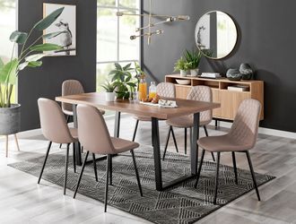 Furniturebox Kylo Large Brown Wood Effect Dining Table & 6 Corona Black Leg Feax Leather Chairs in Beige