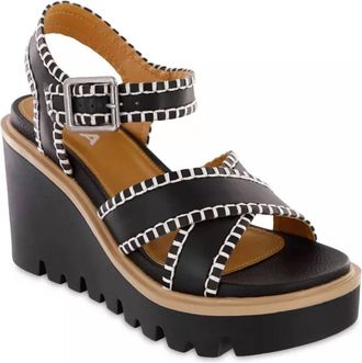 Mia Womens Embroidered Ankle Strap Wedge Sandal In Black