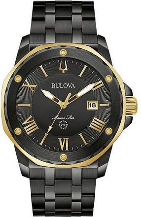 Bulova Marine Star Quartz Black Dial Mens Watch 98B386