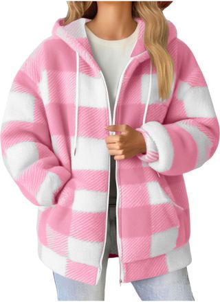 Generic Pink Fleece Jacket Women Full Zip Teddy Fluffy Hoodie Plaid Checkered Print Fleece Cardigans Winter Warm Coats Ligtweight Soft Hooded Outwear with Poc