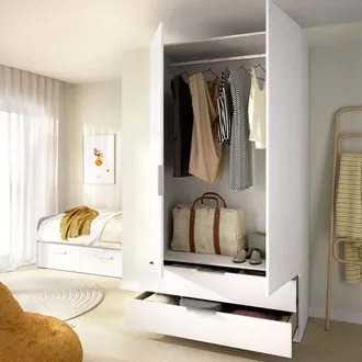 Dmora Guardaroba 2 Ante Montclare, Armadio Camera Da Letto Un Ripiano, Appendiabiti, 2 Cassetti, 51x204h Cm Bianco