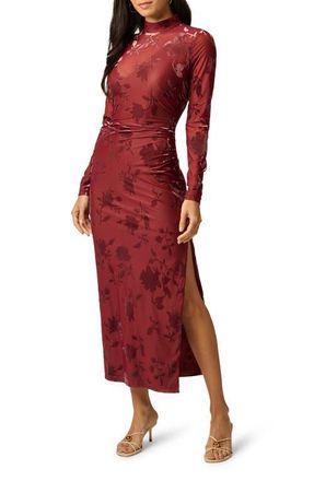 Adrianna Papell Velvet Burnout Long Sleeve Midi Dress in Auburn at Nordstrom, Size 10
