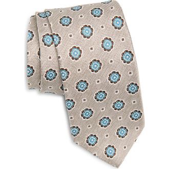 David Donahue Floral Medallion Silk & Cotton Tie in Dune at Nordstrom