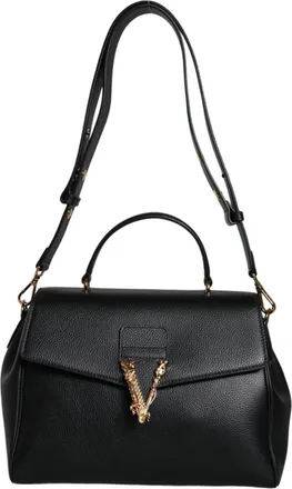 Versace Black Top Handle Grainy Calfskin Leather Crossbody Womens Bag