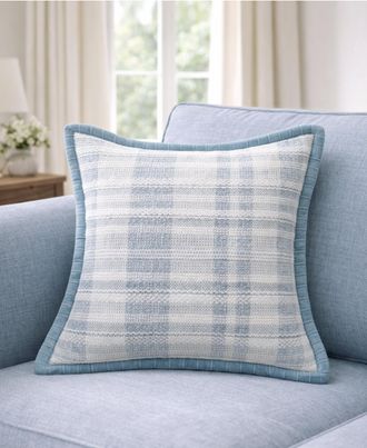 Vibhsa Soft Plaid Blue Textured Velvet Flange Decorative Pillow, 20 x 20
