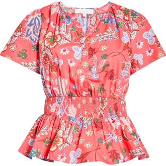 Sugarlips Amania Floral Sarina Smocked Top in Coral-Blue at Nordstrom, Size 1X