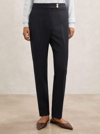Reiss Navy Petite Tapered Button-detail Trousers, 16