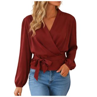 Generic Womens Satin Blouse Long Sleeve Collar V Neck Wrap Top with Adjustable Tie Waist Peplum Tunic Shirts Elegant Solid Color for Women Daily Wear Wine