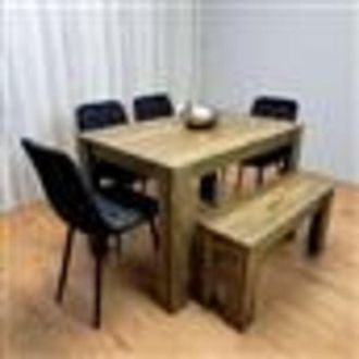 Kosy Koala Modern Rustic Effect Dining Table Set with 4 Black Velvet Chairs and Bench - Kitchen Dining Furniture