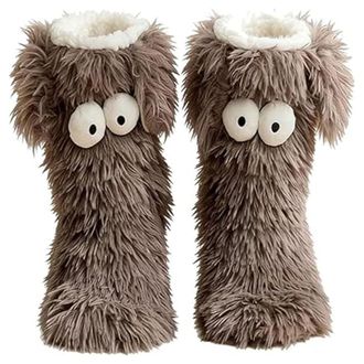 Generic Friends Cozy Socks for Women, Cute Big Eyes Fuzzy Slipper Socks with Ears, Winter Warm Plush Fleece Non-Slip House Socks for Indoor Wear (brown)
