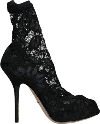 Dolce & Gabbana Zwarte Kant Stretch Haklaarzen - Dames - Laarzen met Hak - Zwart - 36 EU - Nylon - Schoenen