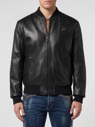 Philipp Plein Bomber in pelle liscia con logo Hexagon ricamato