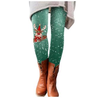 Generic Women Christmas Reindeer Printed Xmas Leggings Fashion Lady Elasticity Skinny Printed Stretchy Pants Running Christmas Leggings (a-Green, L)