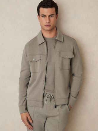 Reiss Medina Mens Taupe Polyester Interlock Jersey Zip-Through Overshirt, M