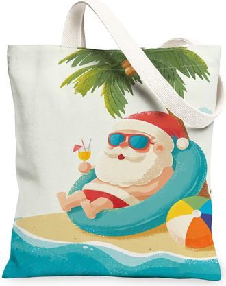 Generic Santa Beach Canvas Tote Bags, Holiday Tropical Design Reusable Grocery Bags, Fun Lightweight Washable Shoulder Strap Tote F, Blue, 13x15 Inch
