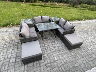 Fimous Outdoor Rattan Garden Furniture Set 8 Seater Patio Love Sofa Set with Rectangular Dining Table 2 Big Footstool 2 Side Tables in Dark Grey