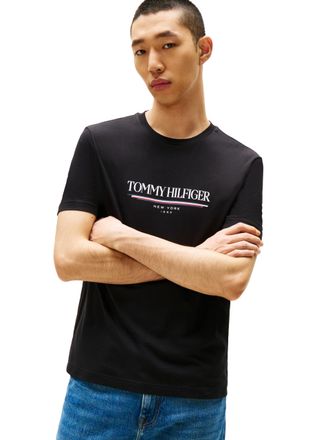 Tommy Hilfiger Mens Short Sleeve Cotton Graphic T-Shirts with Printed Logo, Black, Medium