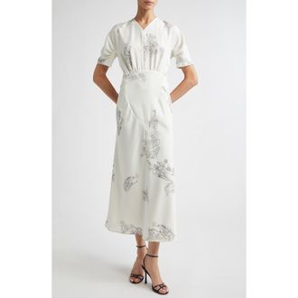 Victoria Beckham Gathered Detail Floral Stretch Cady Midi Dress in Off White Black at Nordstrom, Size 10 Us