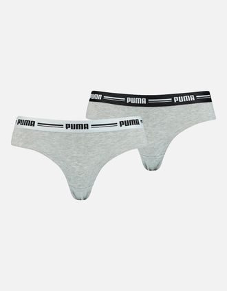 Puma Womens 2-Pack Striped Logo Mid-Rise Brazilian Briefs, Grey Melange - Size: 16