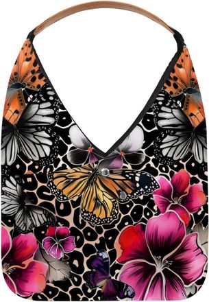 Generic Butterflies Flowers on Leopard Spots Reusable Lightweight Grocery Bags - Foldable Into Compact Pouch, Washable & Sturdy, Multipurpose for Shopping and