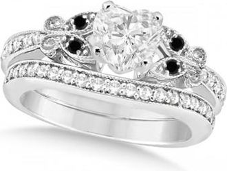 Allurez Black & White Diamond Heart Butterfly Bridal Set 14k White Gold 0.96ct