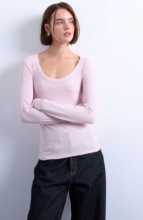 Topshop Scoop Neck Long Sleeve Rib Top in Light Pink at Nordstrom, Size X-Small