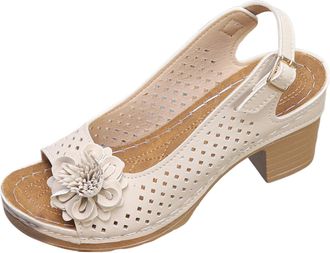 Generic Low Block Heels for Women Wide Fit Open Peep Toe Flower Summer Sandal Peep Toe Slingback Court Shoes Ankle Strap Sandals with Arch Support Fashion Wed