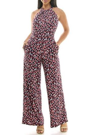 Nina Leonard Twisted Halter Neck Jumpsuit in Navy/red Multi at Nordstrom Rack, Size X-Large