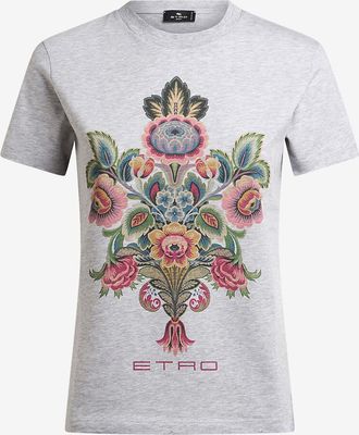 Etro Meliertes Slim-Fit-T-Shirt mit Blumenstraussprint
