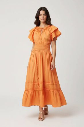 She + Sky Ruffled Sleeve Waist Elastic Side Pocket Midi Dress In Creamsicle