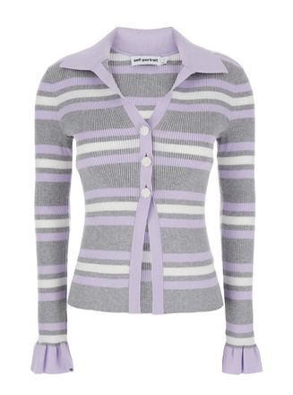 Self Portrait Grey Cardigan With Spread Collar And All-Over Striped Motif In Viscose Blend Woman