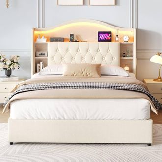 Merax 4ft6 Double Upholstered Bed Frame with Storage, LED Tufted Headboard in Beige