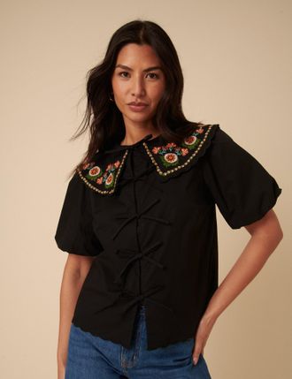 Nobody's Child Black Floral Embroidered Tie Front Blouse