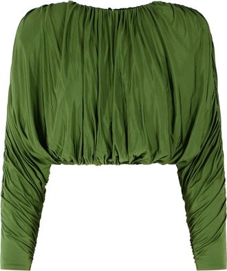 Self Portrait Olive Ruched Viscose-Blend Cropped Top
