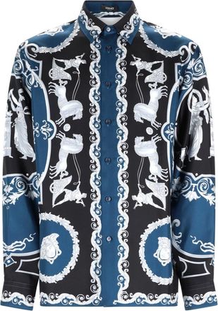 Versace Deep Blue Baroque Motif Printed Silk Shirt