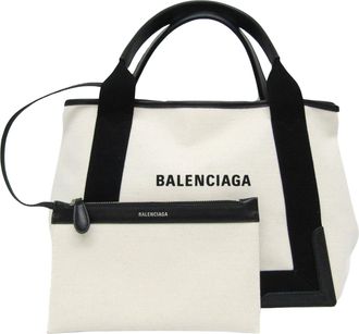 Balenciaga Navy Cabas White Canvas Handbag (Pre-Owned)