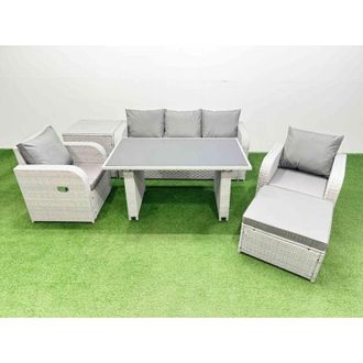 Fimous Outdoor Rattan Garden Furniture Dining Set 6-seater Patio Rectangular Table 3 Seater Sofa Reclining Chair Set with Side Table Big Stool - Fimous