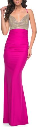 La Femme Neon Ruched Jersey Dress with Rhinestone Mesh Draped Top in Hot Fuchsia at Nordstrom, Size 00