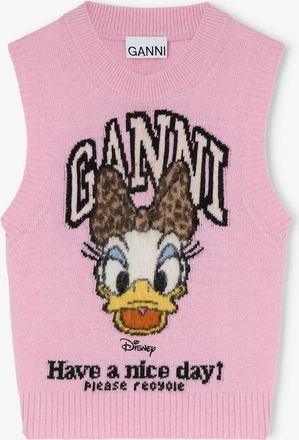 Ganni Pink Daisy Duck Graphic Wool Vest