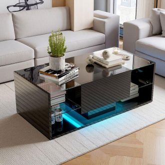 OEM Mesa Baja Escandinava Negra 100 X 50 X 35 Cm - Vidrio Templado, Led Integrados Y Caj&oacute;n De Almacenamiento