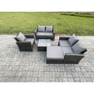 Fimous Outdoor Rattan Garden Furniture Set Conservatory Patio Sofa Coffee Table Set with Chair Big Footstool Dark Grey Mixed - Fimous