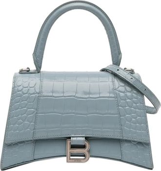 Balenciaga Borsa a tracolla Hourglass piccola goffrata effetto coccodrillo con manico 2022 - Blu