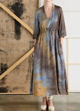 European Culture Tie Dye Midi Dress In Brown/blue