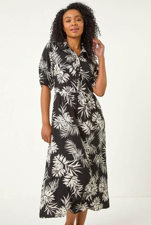 Roman Tropical Print Button Midi Dress